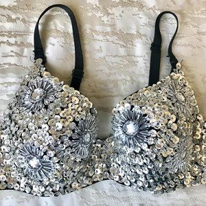 Silver Sequin Beaded Underwire Bra - 36B